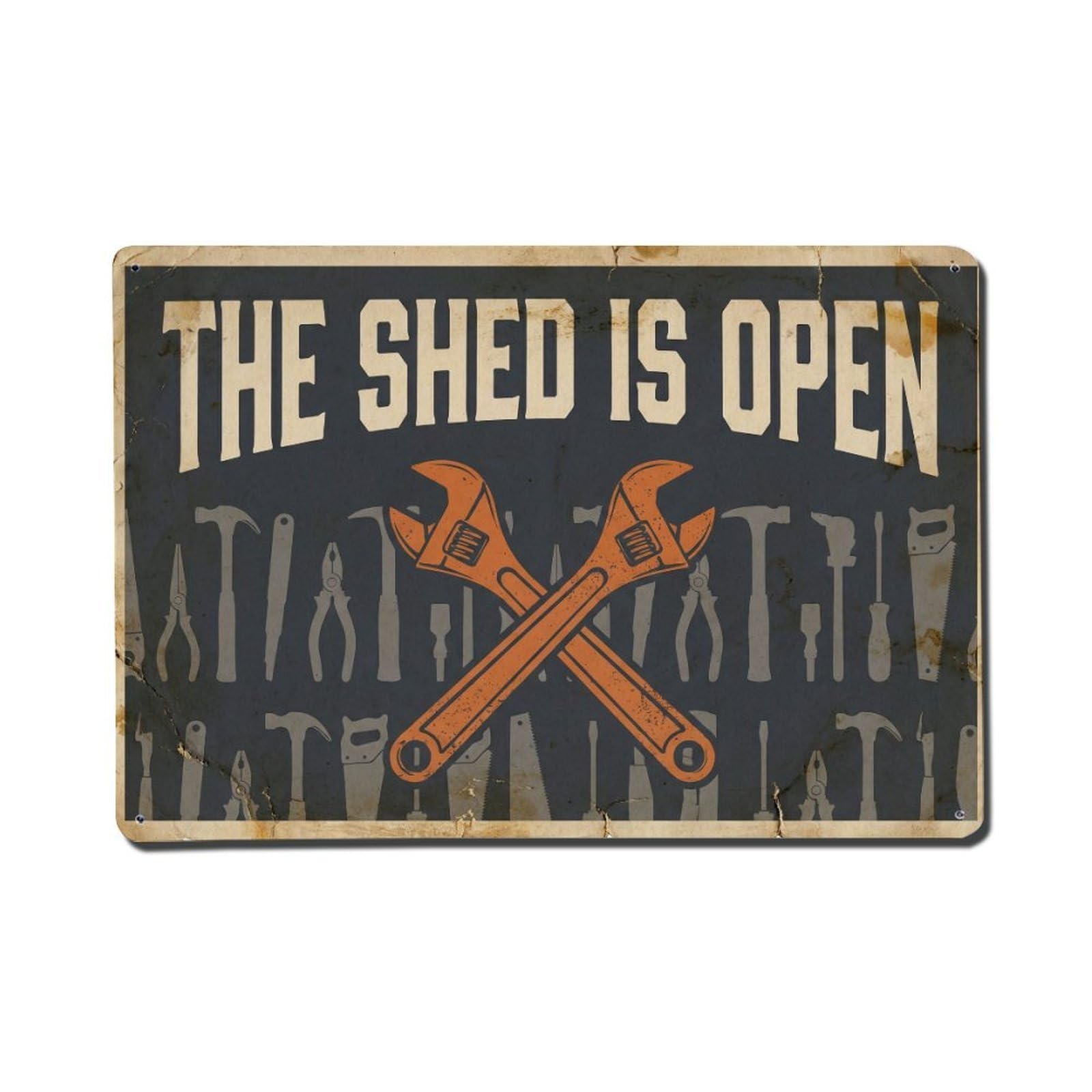 Shed Open Workshop Tools Welcome Service Repair Metal Tin Sign Plaque Wall Decor for Cafe, Man Cave, Club Bar, Office, Home Garden Round Metal Poster 8x12Inch