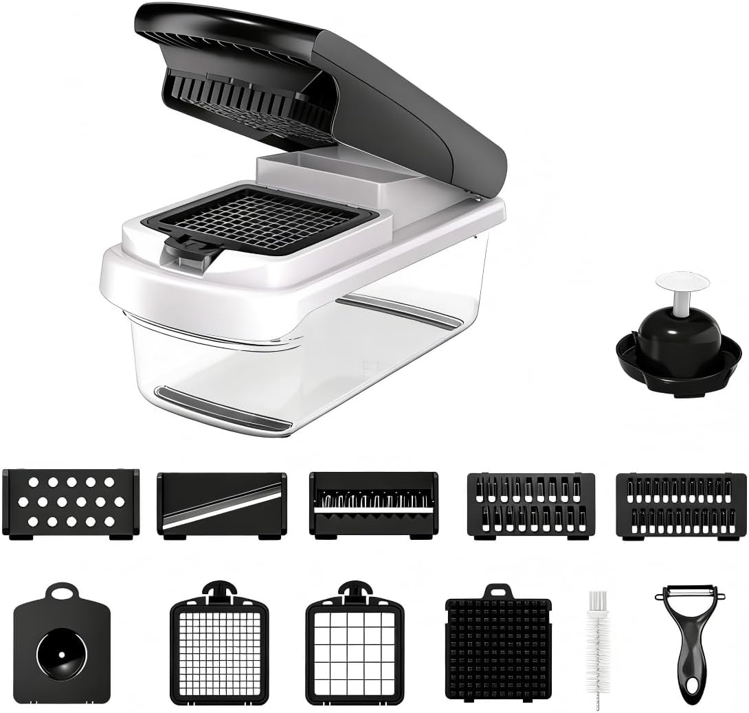 Multifunctional Vegetable Chopper and Slicer, 12-in-1 Onion Chopper Dicer with Container, Manual Food Mandoline for Kitchen, Stainless Steel Blades for Fruit Salad and Veggies (black)