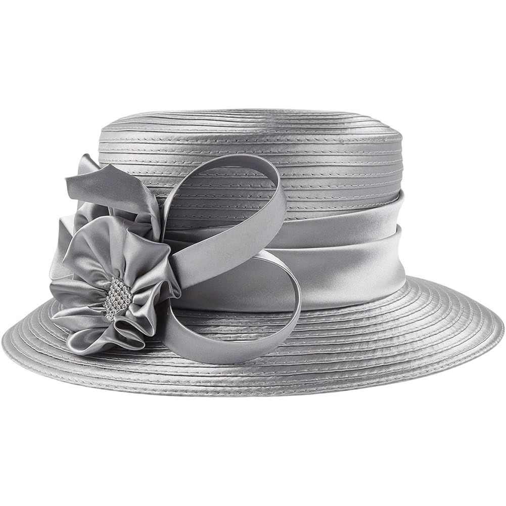 Sanfly Women's Grey Party Church Derby Hat, Satin Cloth Flower Church Hat Banquet Fascinator Wedding Formal Hats For Evening Party Prom