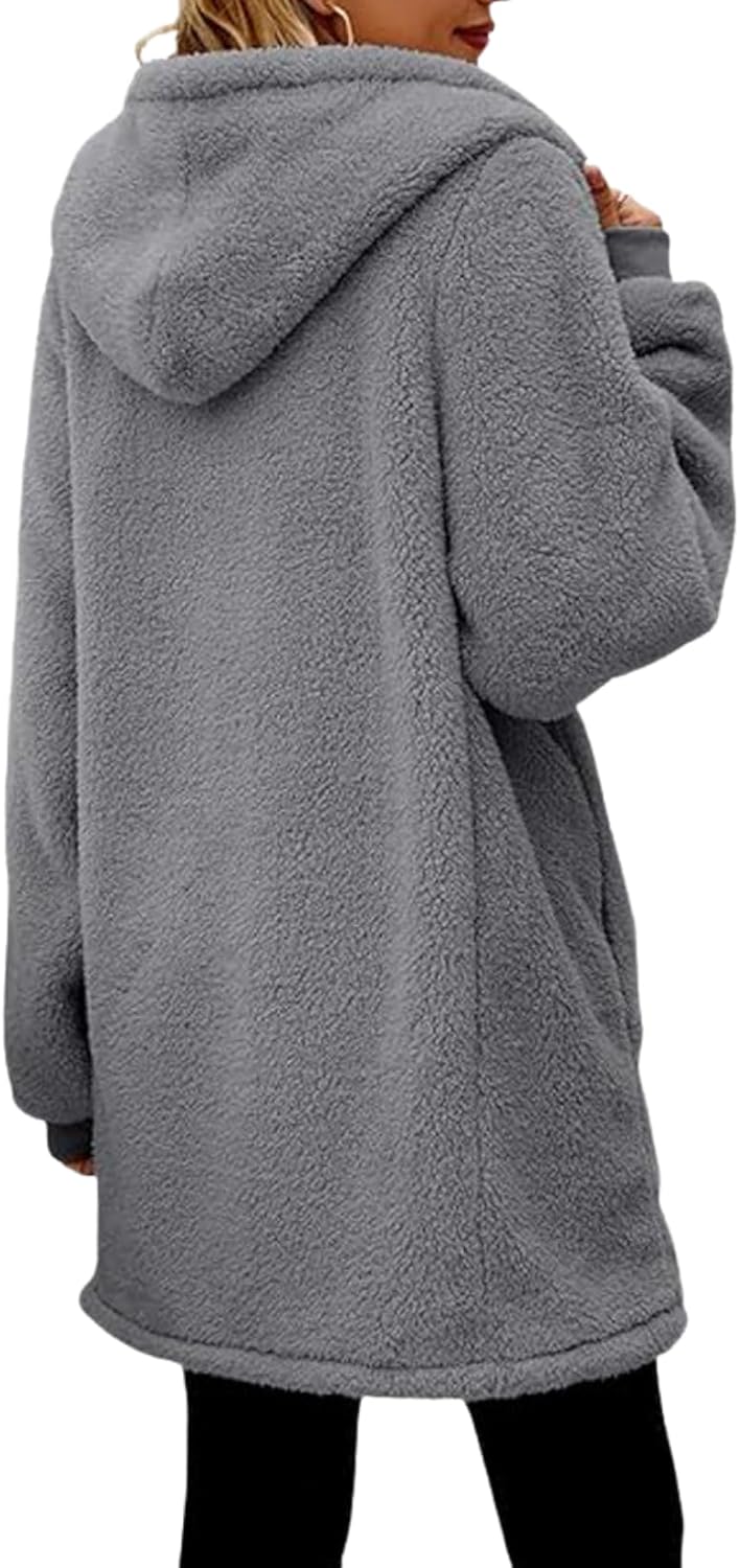 Women's Oversized Fleece Jacket Hooded Zip-Up Cardigan Coat with Pockets Warm Winter Casual Wear for Vacation - Image 4