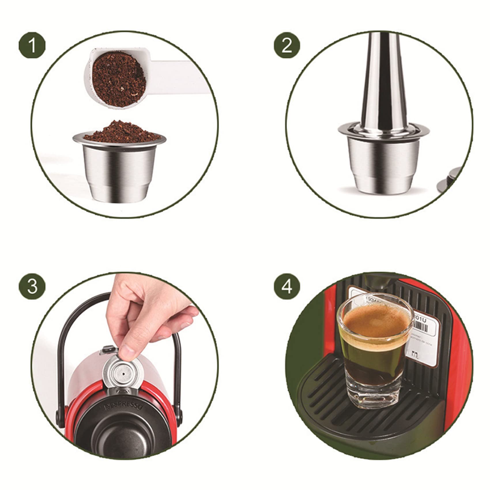 Cápsulas reutilizables, de acero inoxidable, 12 almohadillas recargables para + 4 manipuladores + 4 cucharas + 4 cepillos