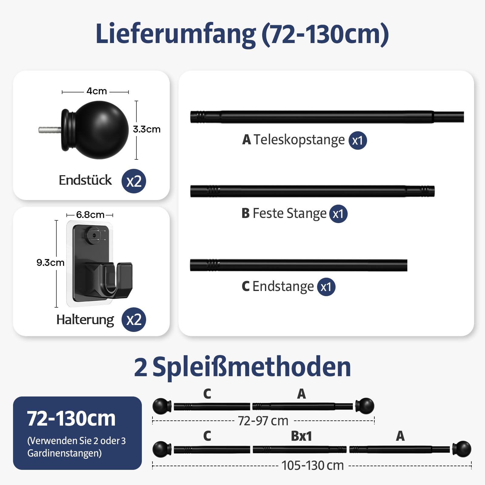 2.0 Pro Gardinenstange Ohne Bohren (with Klebeband und Verdeckte Nägel) 72-130 cm 16 mm Durchmesser Ausziehbare Vorhangstange Ohne Bohren Schwarze Geeignet für Leichte Gardinen Mieterfreundlich