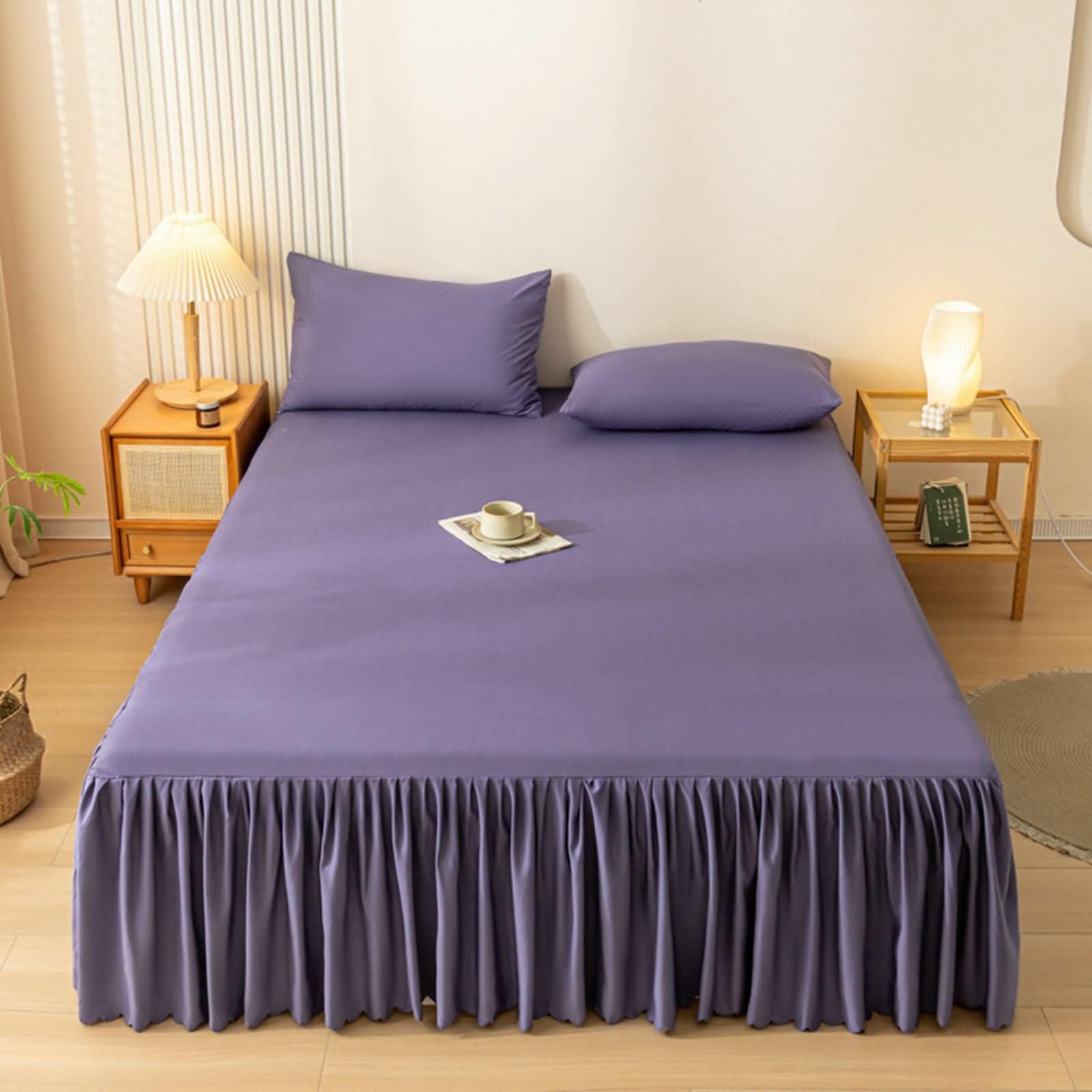 Bett Rock Lila mit 2er Kissenbezüge 200x220cm Set Warm, Bettvolants Einfarbig, Textilien Polyester Baumwolle Spannbettlaken Gesteppt für alle Jahreszeiten