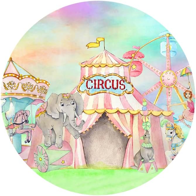 Miniatura 4 de AOFOTO Cubierta redonda de fondo de fotos de animales de circo de 7 x 7 pies, rueda de ferrita, sello, elefante, caballo, decoración de fiesta,