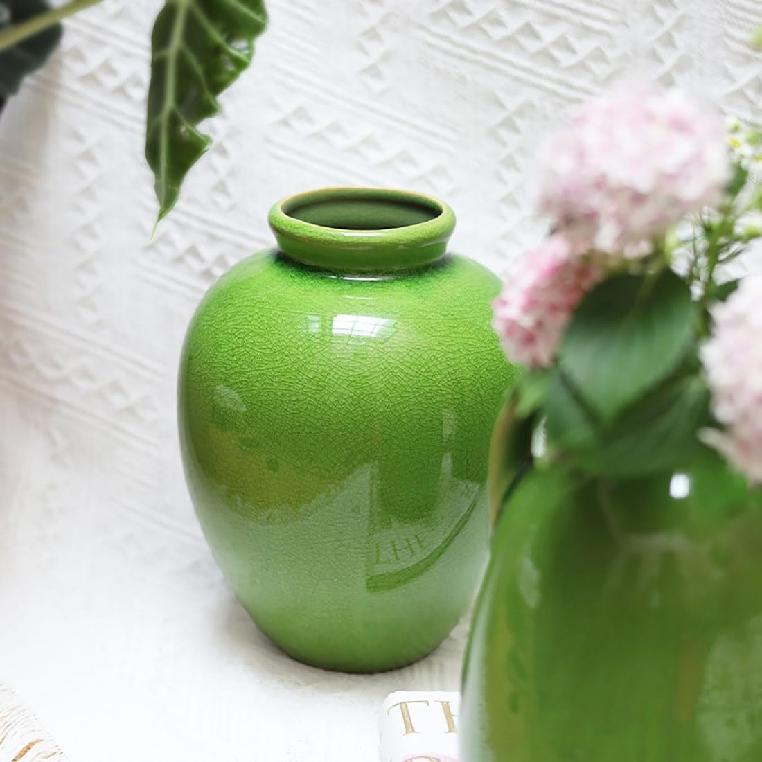 Vintage Green Ceramic Vase, Rustic Chinoiserie Vase Farmhouse Vases for Home Decor, Cracked Glazed Terracotta Vases for Table Centerpiece,A