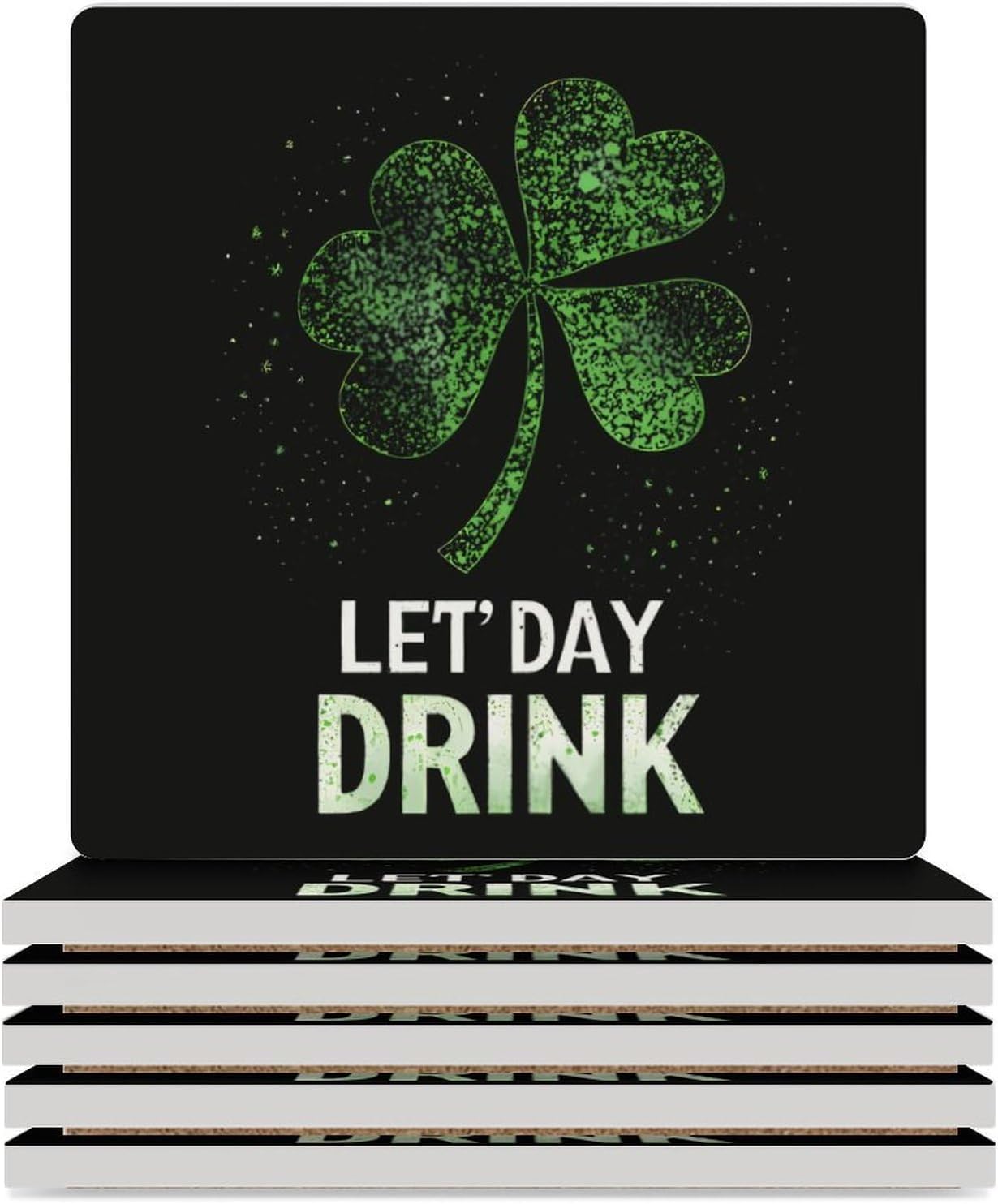 Let's Day Drink St Shamrock Patricks Funny Ceramic Coasters for Drink Absorbent Cup Holders Tabletop Protection