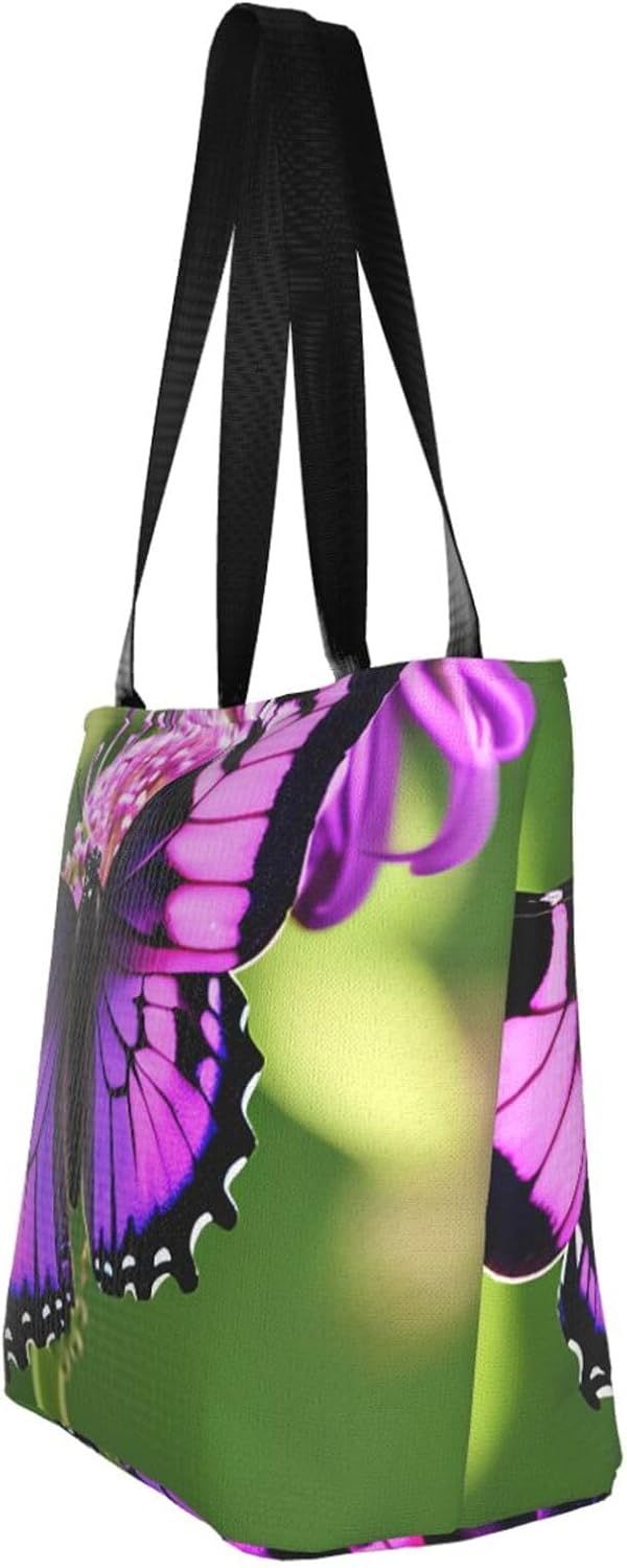 Purple Butterfly Print Comfortable Summer Shoulder Bag Canvas Tote Travel Beach Hiking Shopping Weekend