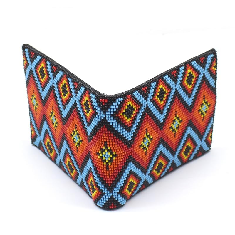Beaded Leather Wallet, Seed Beads Native American Style Unisex Wallet, Handmade Beaded Purse. (Turquoise Blue,Red,Orange)3