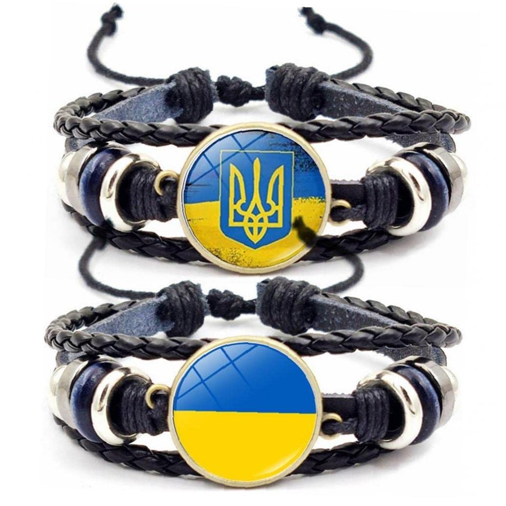 Tossper Women's Ukraine Bracelet, 2 Pcs Ukrainian Flag Irreplaceable Time Stone Leather Bracelet Multilayer Braided Bracelet Wristband Bangle Jewelry
