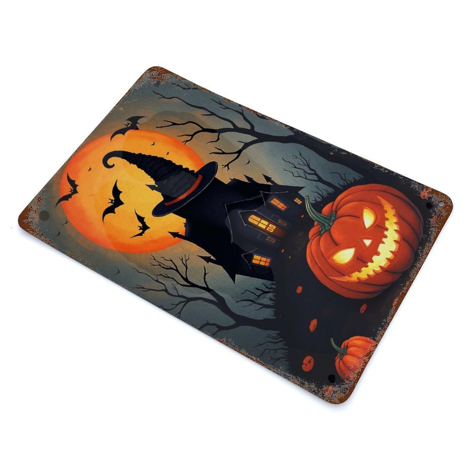Weathered Tin Sign with Halloween Night Haunted House Design 11.8"x7.9", for Shed, Workshop And Garage Wall Decor, Decorative Metal Wall Art