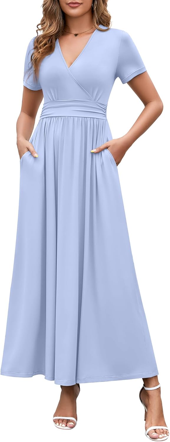 WEACZZY 2026 Summer Long Dresses for Women Wrap Empire Pleated Waist V Neck Short Sleeve Elegant Maxi Dress with Pockets - Image 2