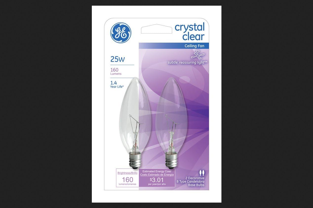 Ge Ceiling Fan Light Bulbs Blunt Tip 25 W 155 Lumens Candelabra 3.19 In. C-7a Clear Carded 2 Pack