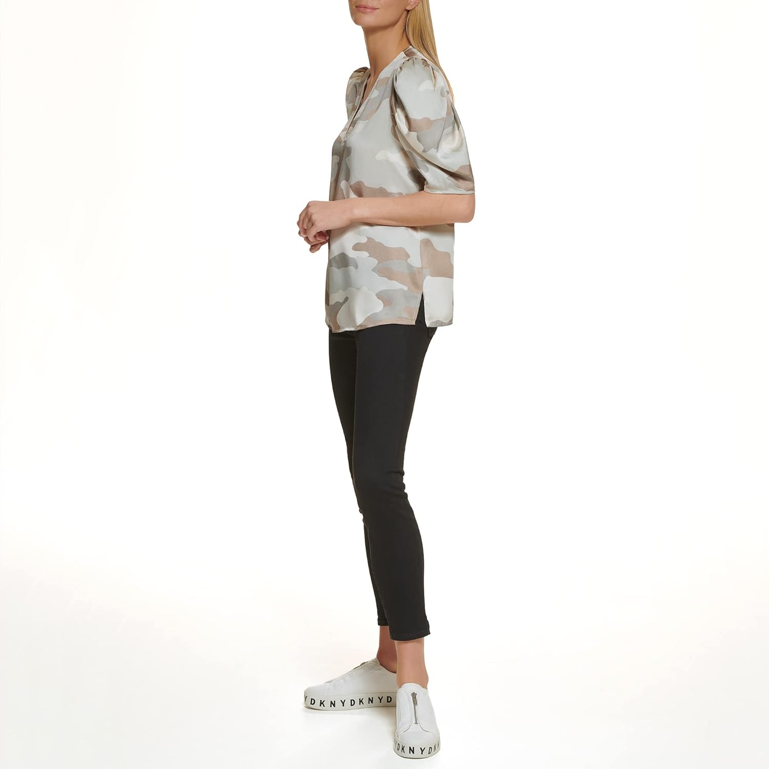 DKNY Womens Polished V-Neck Statement Sportswear Top - Image 4