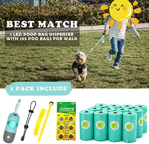 Doggie Poo Bags Holder with LED Flashlight|Dog Waste Bags Dispenser with Lead Clip and 13 Rolls Leak Proof Blue Pet Bags for Refill(Crystable Blue, 1 Holder 195 Bags)