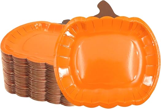50 Count Pumpkin Paper Plates - 9 Inch Fall Disposable Plates, Orange Thanksgiving Harvest Dinner Plates, Autumn Holiday Party Supplies for Catering, Halloween, Dinning, Fall Gatherings & Party Favors