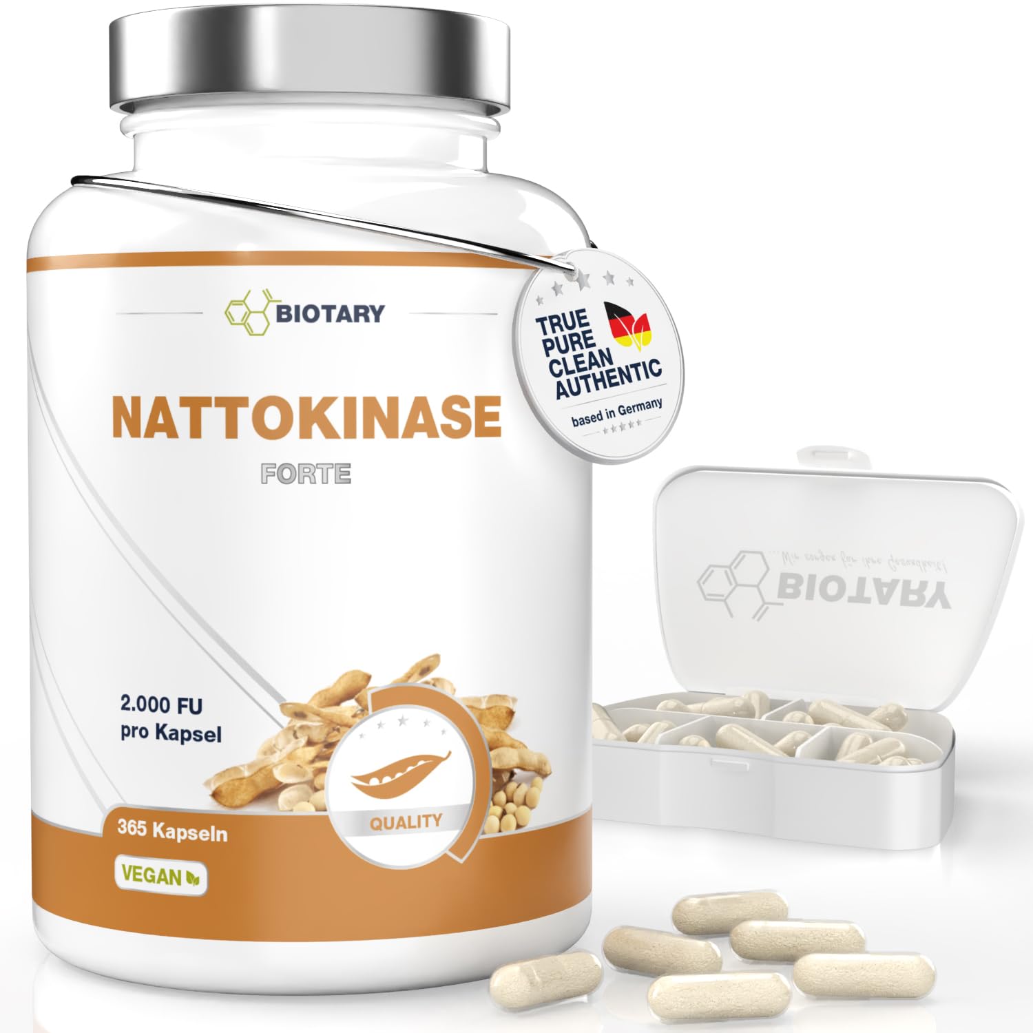 Nattokinase 365 Kapseln mit 2000 FU pro Tagesportion aus GMO freiem Soja inklusive Pillenbox 12 Monate Vorrat 100% vegan reine Rezeptur geprüfte Qualität