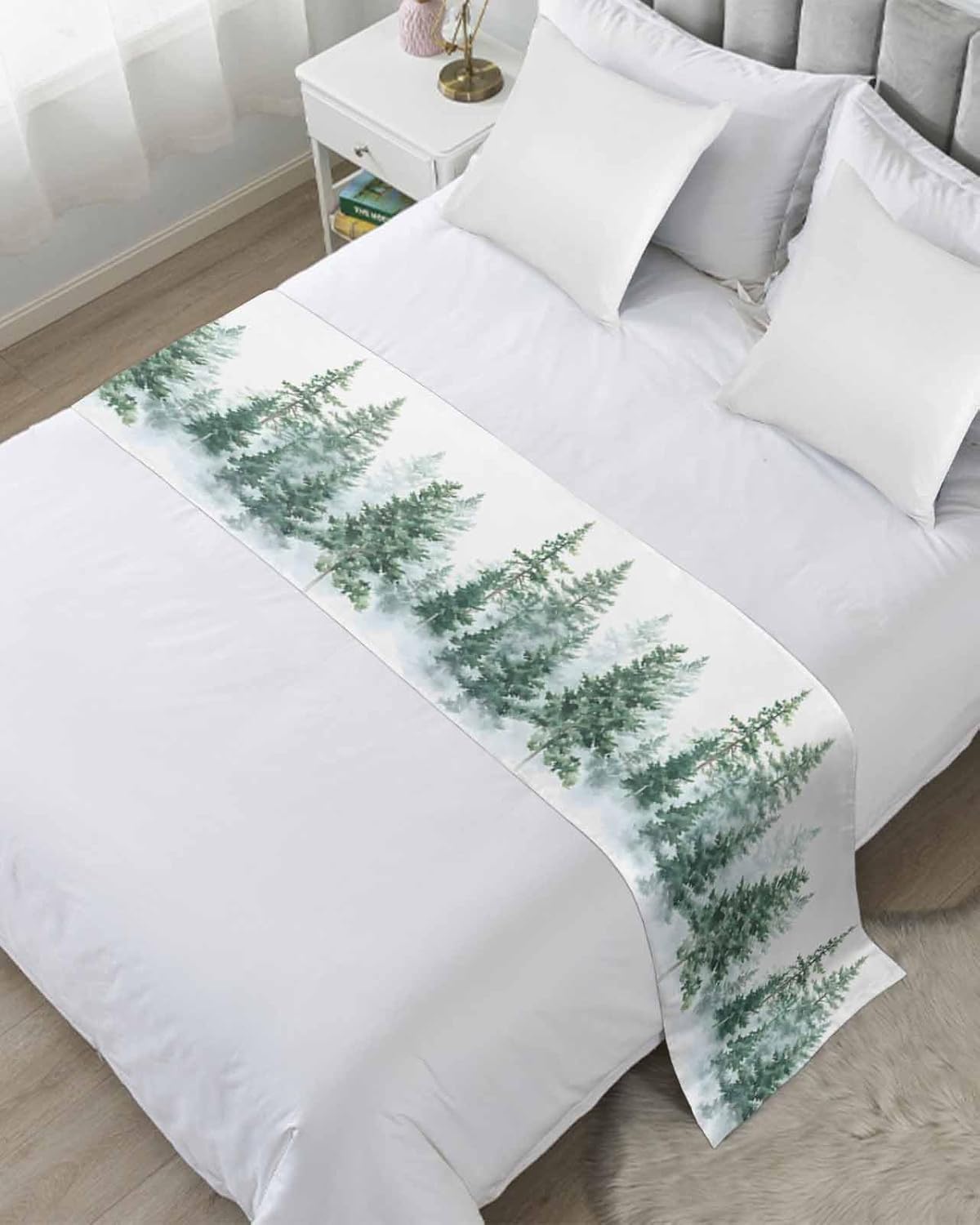 DecorLovee Forest Green Bed Runners for Cal King Size Bed, Decorative Bed Throws for Foot of Bed, Spring Summer Watercolor Pine Tree Bed Runner Sofa Throw Bedding Scarf Protector Slipcover for Bedroom