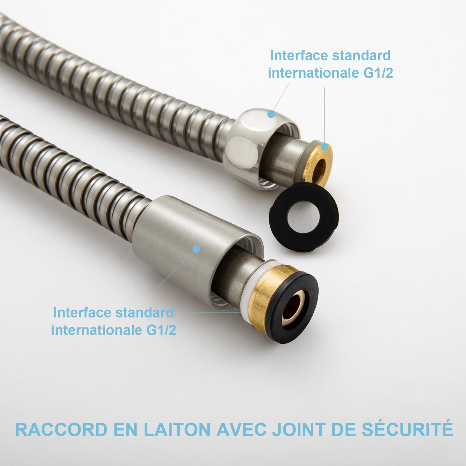 OFFO Flexible Douche 2m, avec Protection Anti-Torsion,Tuyau Douche en Acier Inoxydable, Remplacement du Flexible de Douche, pour Robinetterie de Salle de Bains, Nickel Brossé