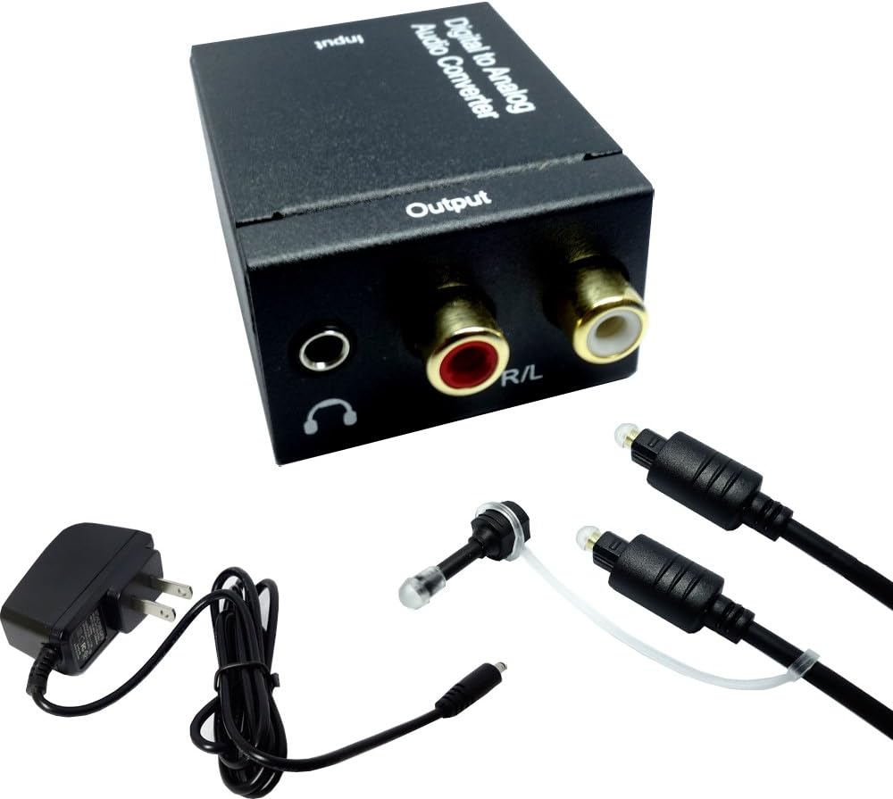 Digital Audio Converter Parallel World Digital Optical Coax to Analog RCA and 3.5mm Stereo Audio Converter Adapter with Toslink Fiber Cable