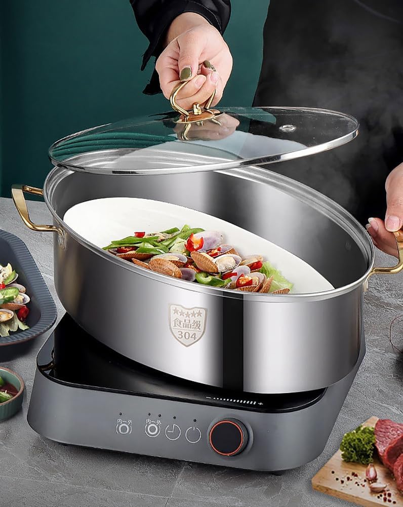 Fish Steamer Stainless Steel Set,Heavy Duty 304 Stainless Steel Oval Fish Steamer - Multi-Use Elliptical Fish Pot Cookware with Rack, Ceramic Pan, Anti-scalding Clip, Vented Glass Lid,Double