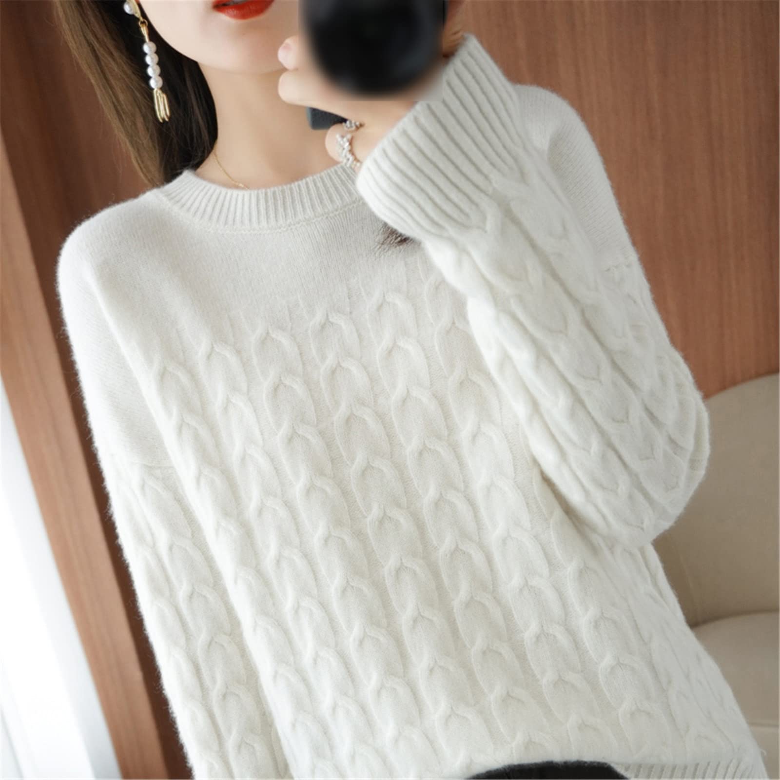 100% lana suéter de cachemira otoño invierno mujer O cuello jersey casual punto top chaqueta de manga larga, blanco, L