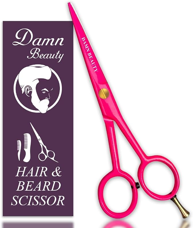 Tesoura para cabelo, barba e bigode Damn Beauty 5,5 polegadas, aço de alto carbono, rosa
