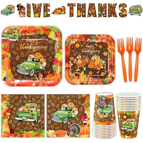 Thanksgiving Party Plates and Napkins Tableware Set Fall Party Dinnerware set with Harvest farm Truck Dinner Plates,Dessert Plates,Paper Cups, Napkins, Forks, and garlands for Thanksgiving,Serve 24 Cover