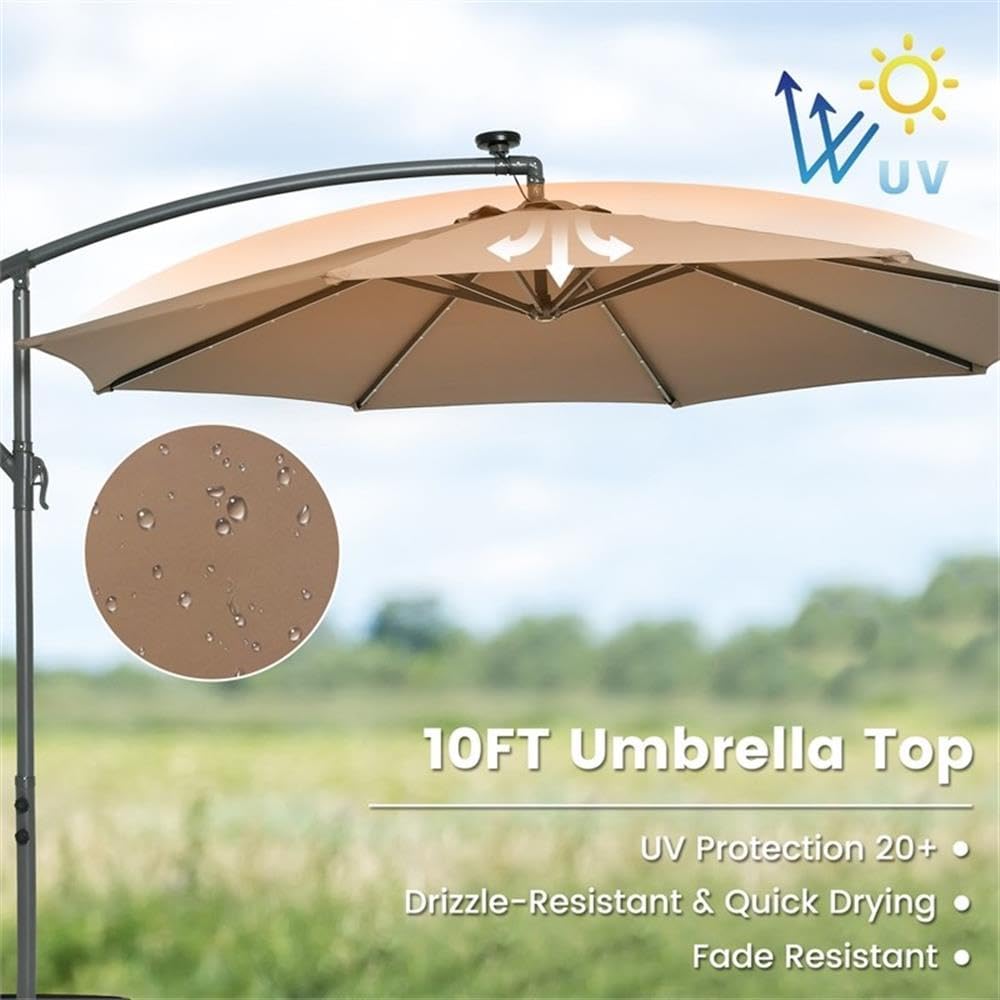 Pemberly Row 10FT Hanging Offset Umbrella, Brown Polyester Canopy, 32 Solar LED Lights, Steel Frame with Sandbag Base, Fade-Resistant UV Protection, Crank Handle, Patio, Poolside, Garden Umbrella