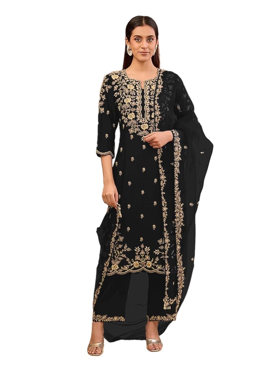 Niya Fashion Ready to Wear Embroidered Ready to Wear Salwar Kameez for Women Indian Pakistani Partywear Palazzo Suit, Black, 3XL