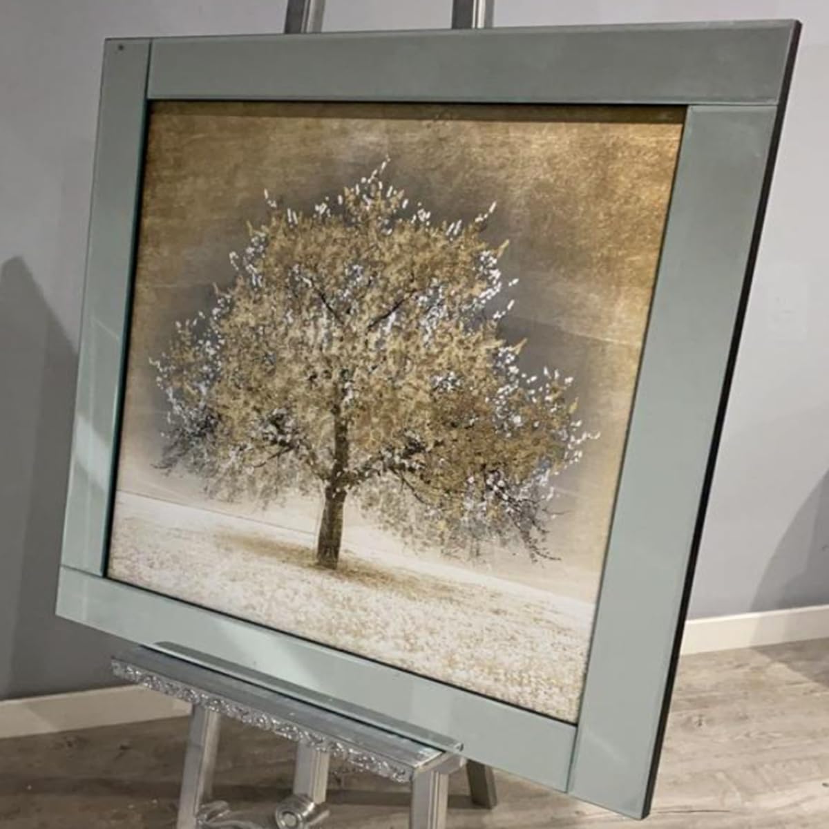 Biznest Blossom Tree Picture in Mirrored Frame Glitter 3D Wall Art Picture Glitter Liquid Art Home Decor 55x55Cm (Gold Tree)