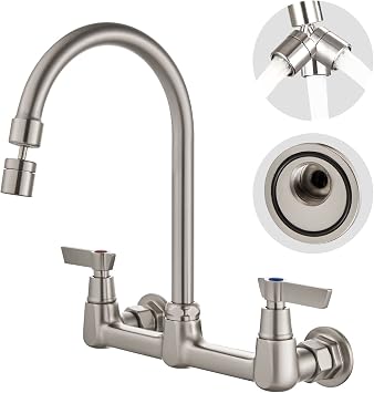 Airuida 8 Inch Brushed Nickel Wall Mount Kitchen Sink Faucet | 2 Handle Kitchen Faucet,without Adapter,360 Swivel Spout,Commercial Sink Faucet,for Laundry Utility