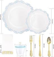 Vista 2 de PULOTE Juego de 175 piezas de platos de plástico transparentes y azules - Juego de vajilla desechable con borde azul - Incluye 25 platos de cena, 25