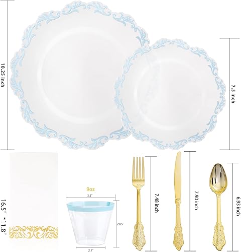 Miniatura 2 de PULOTE Juego de 175 piezas de platos de plástico transparentes y azules - Juego de vajilla desechable con borde azul - Incluye 25 platos de cena, 25