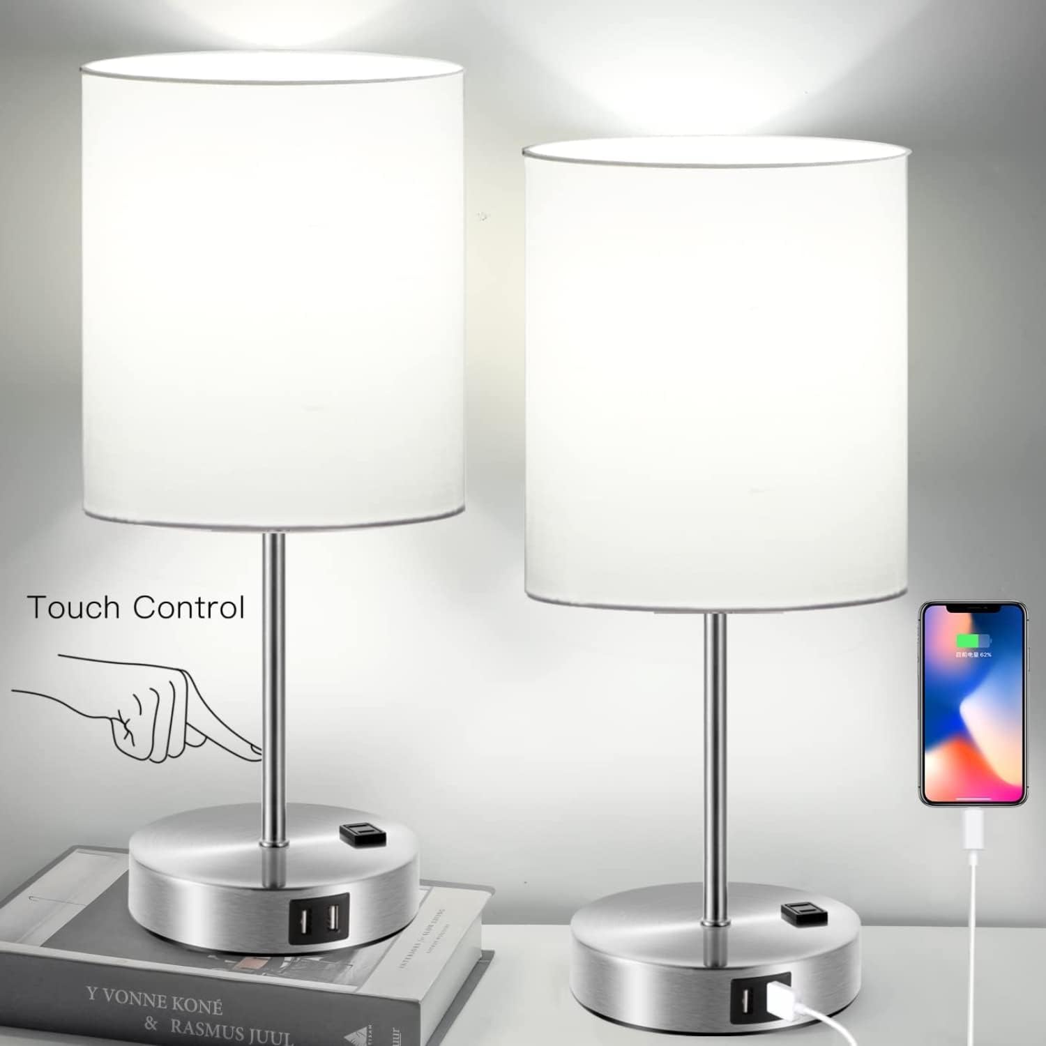 【Upgraded】Set of 2 Touch Control Table Lamp, 3-Way Dimmable Lamp with 2 Fast Charging USB Ports & AC Outlet, Bedside Lamp, Nightstand Lamp for Bedroom Living Room, Daylight White Bulb Included