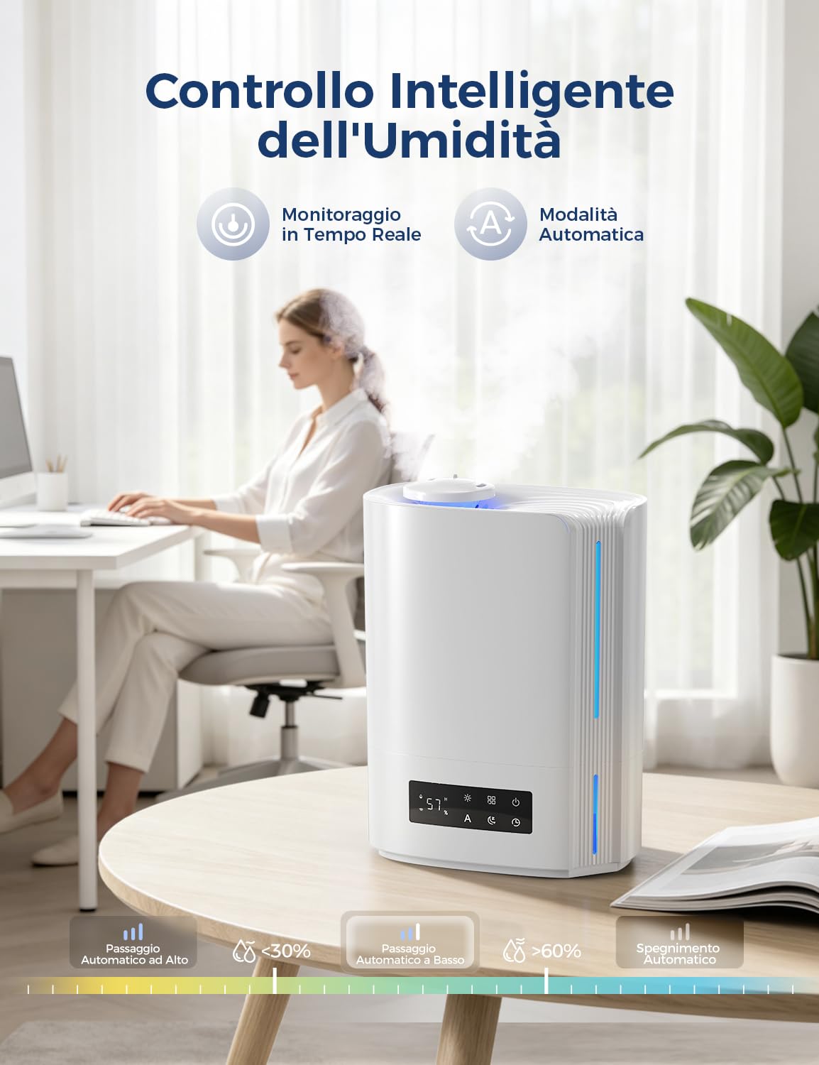 AROEVE 6L Ultrasuoni Umidificatore Ambiente 60h Autonomia Silenzioso 25dB | Controllo Umidità Intelligente, Diffusore di Oli Essenziali, Umidificatore a Ultrasuoni Top Fill per Bambini, Piante
