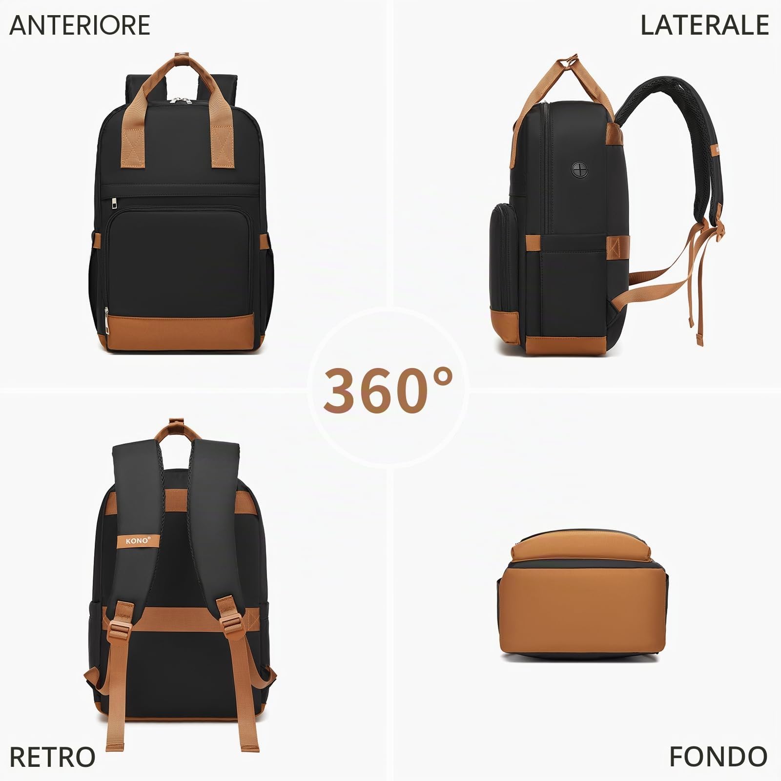 KONO Zaino Donna Porta PC 15,6 Pollici, Impermeabile e Antifurto con Porta USB di Ricarica, Grande Capacità per Università, Lavoro e Viaggio (Nero/Marrone)