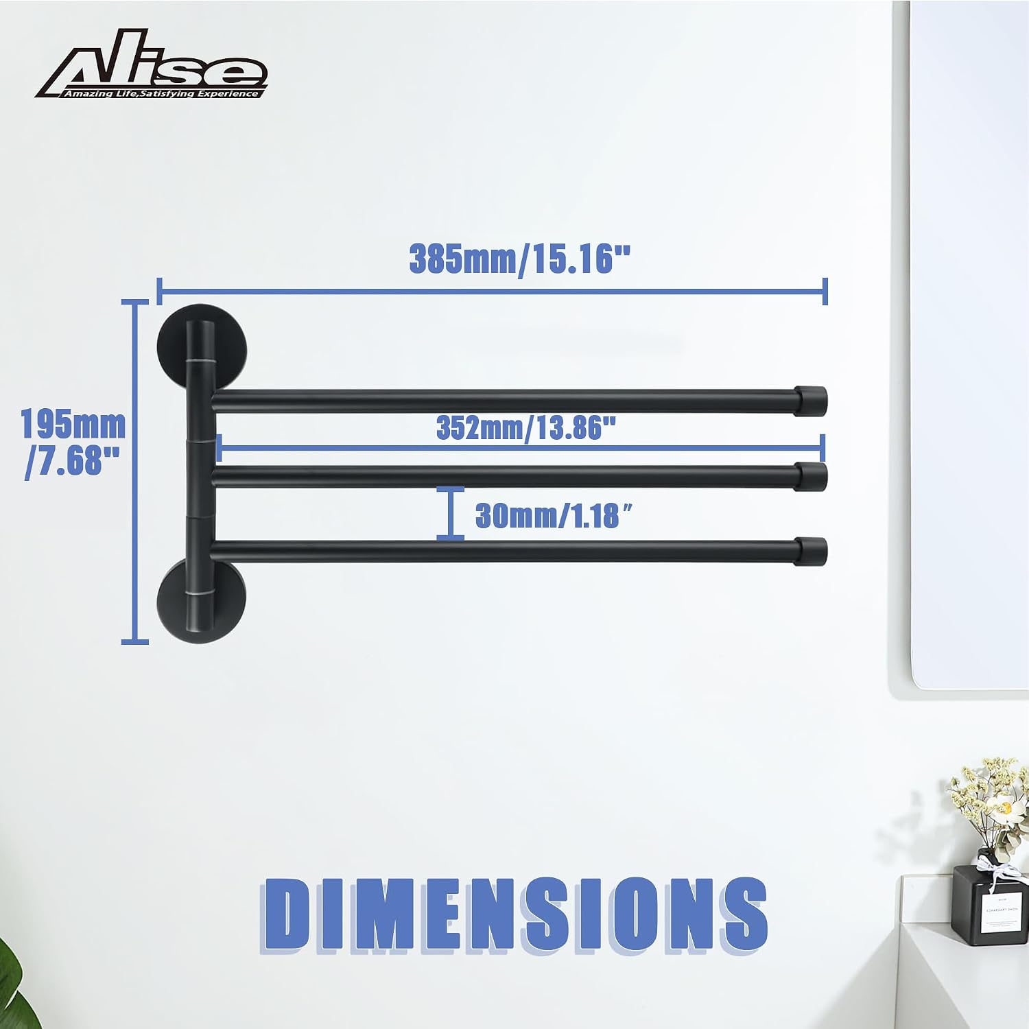 Alise Swivel Towel Rack,Folding 3 Arms Hand Towel Bars Towel Hanger for Bathroom,Wall Mount Drying Racks for Laundry,SUS304 Stainless Steel Swing Out Towel Holder Storage Space Saving,Matte Black