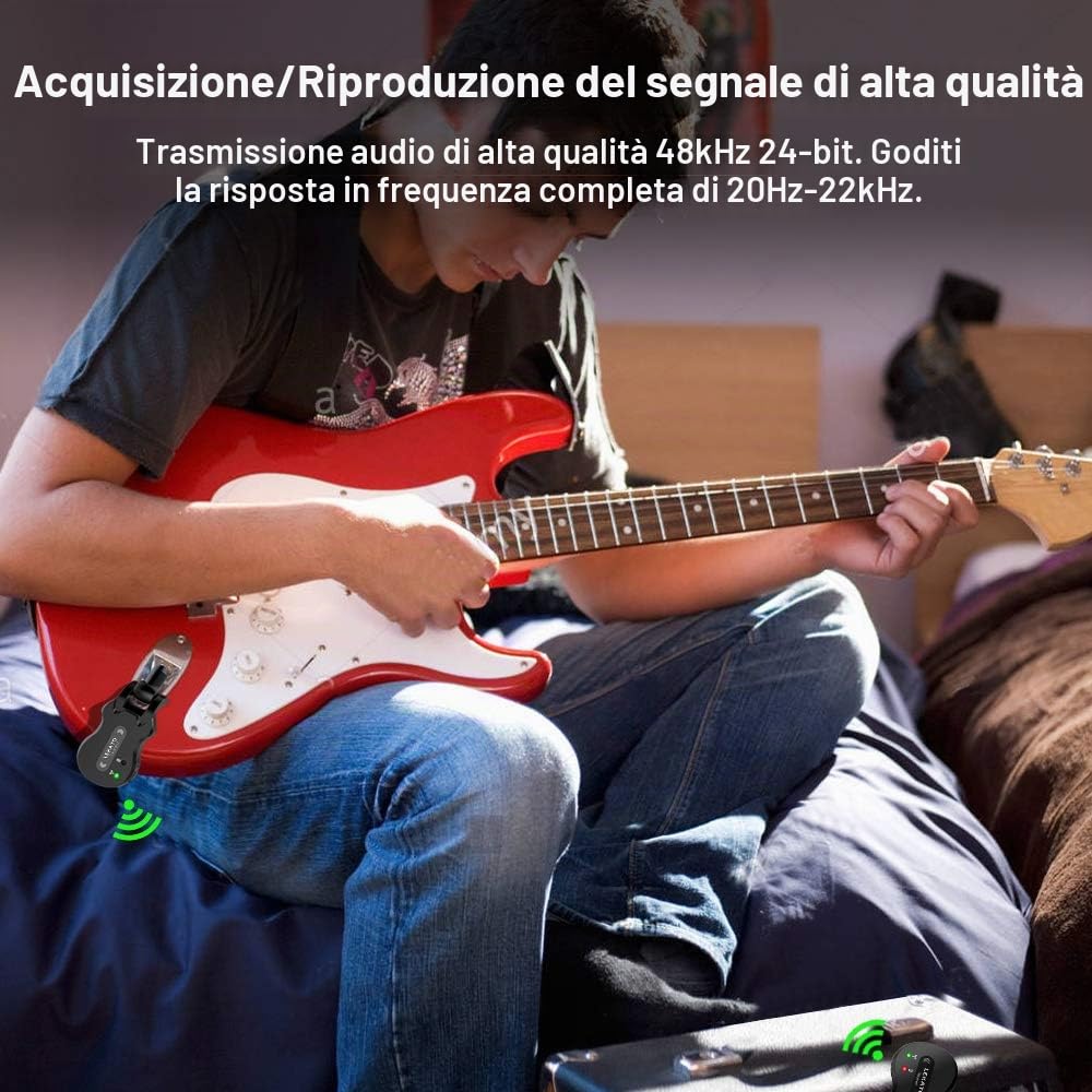 LEKATO - Sistema ricetrasmettitore digitale senza fili per chitarra e basso, ad alta frequenza, 5,8 GHz, ricaricabile