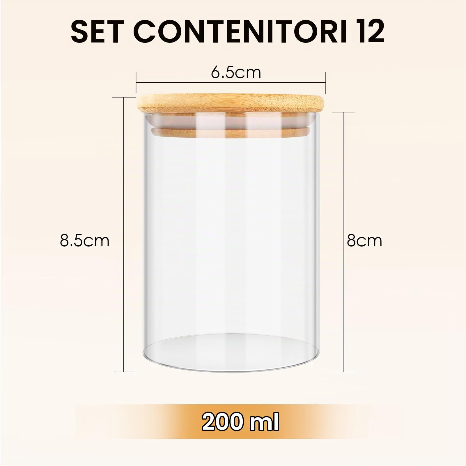 Cinnani Set da 12 Barattoli Spezie Vetro, 200ml Barattolini porta Spezie Vetro con Coperchi in Bambù, Barattoli Spezie per Cucina Ermetici, Trasparente Vasetti Spezie con Etichette
