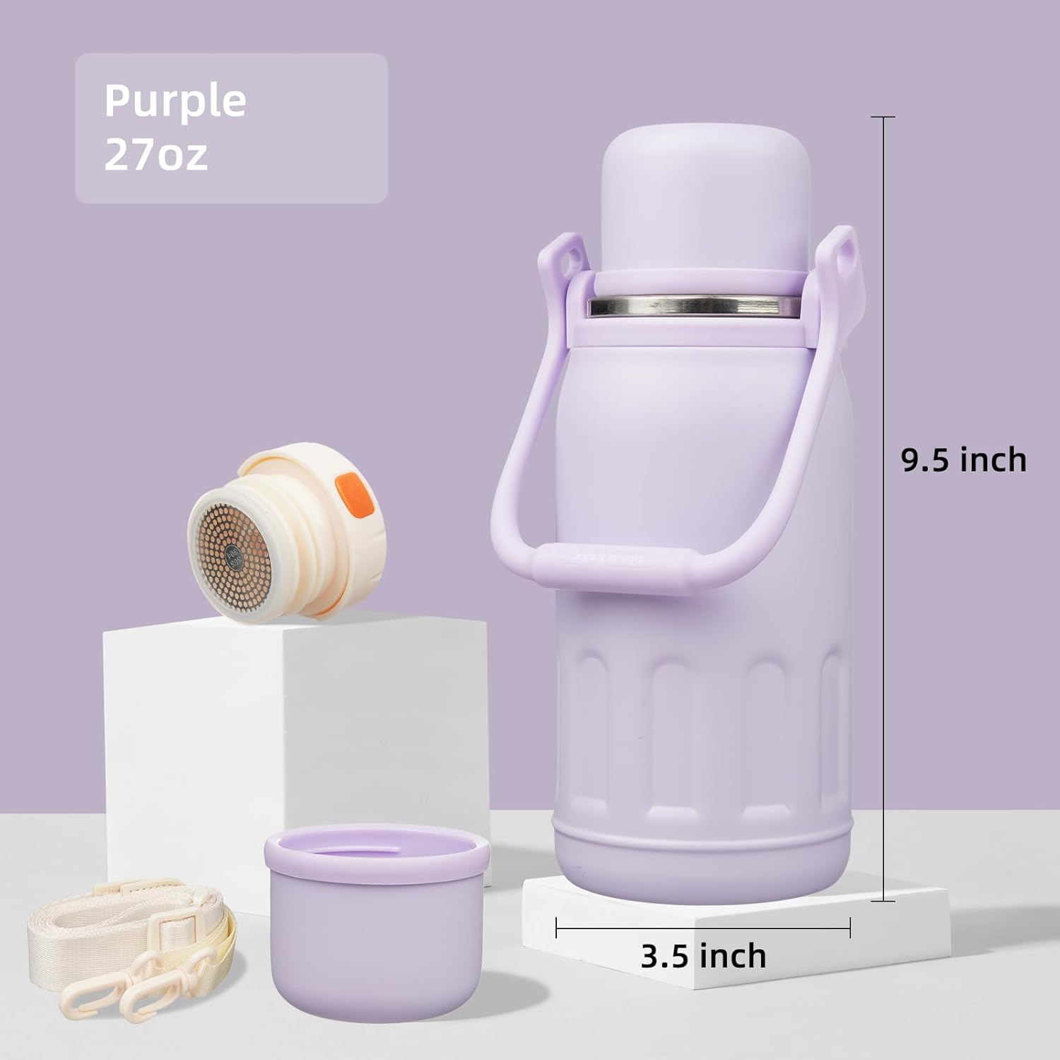 Insulated Water Bottle with Handle and Strap,Vacuum Travel Tumbler with Cup Lid,Thermo Coffee Cup for Hot Cold Drinks 27 OZ,Purple - Image 2