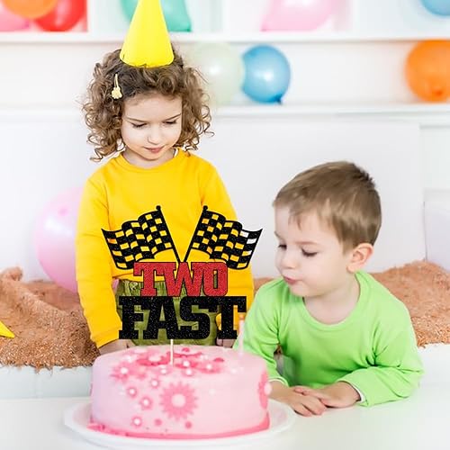 Vista 4 de Dos decoraciones para tartas rápidas, 2º cumpleaños, decoración para cabina de fotos y telón de fondo, bandera a cuadros, suministros temáticos