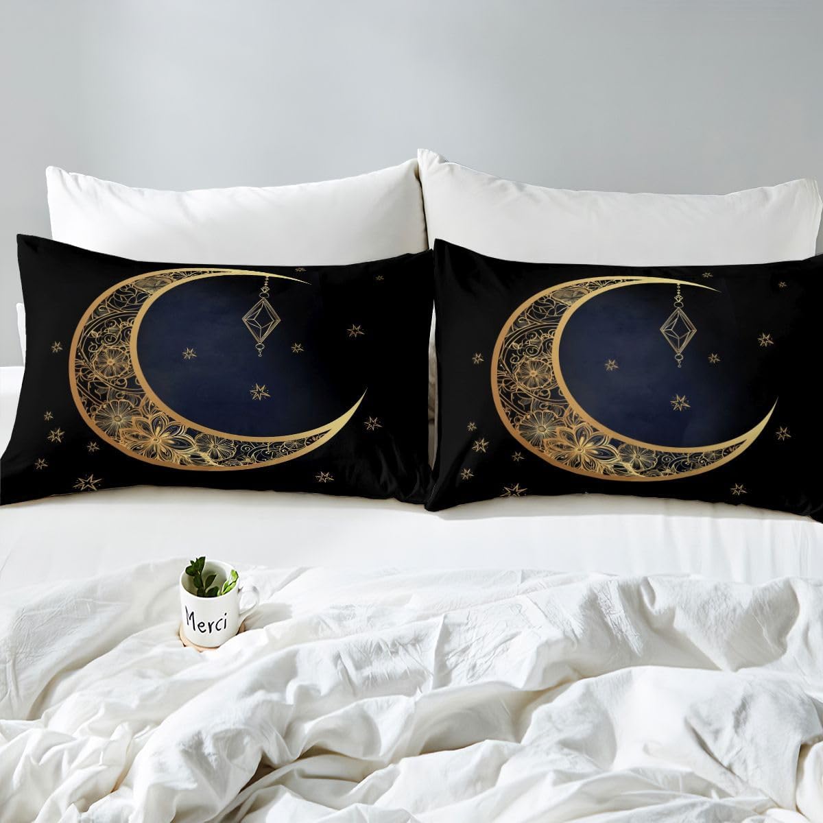Feelyou Bohemian Duvet Cover Set Queen Size Boho Bedding Set 3D Printed Luxury Stars Moon Print Comforter Cover Microfiber Mandala Bedspread Cover with 2 Pillow Shams Golden Black Ultra Soft Zipper