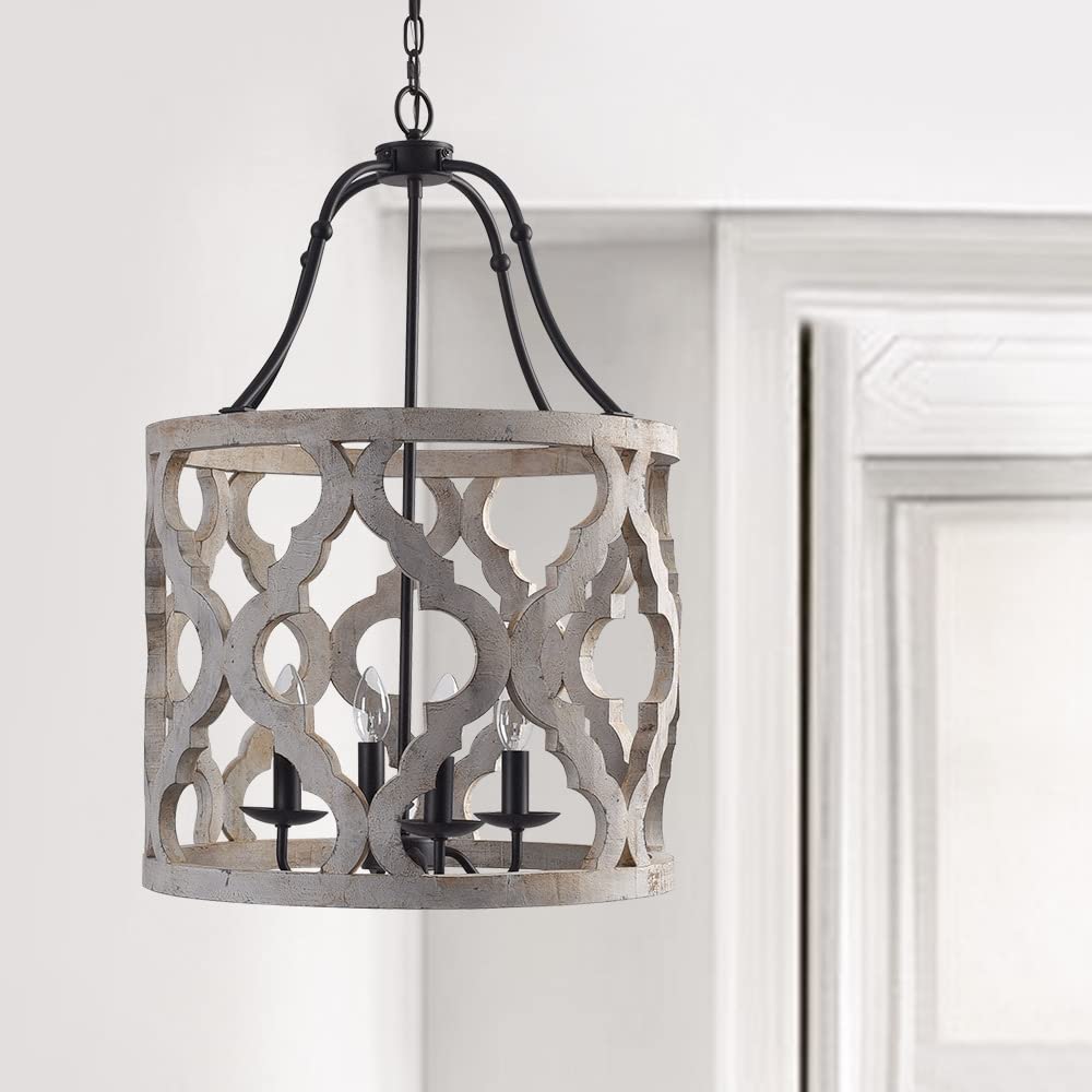 JiuZhuo Vintage Distressed White Carved Wood 4-Light Lantern Farmhouse Chandelier Lighting Hanging Ceiling Fixture in Rust
