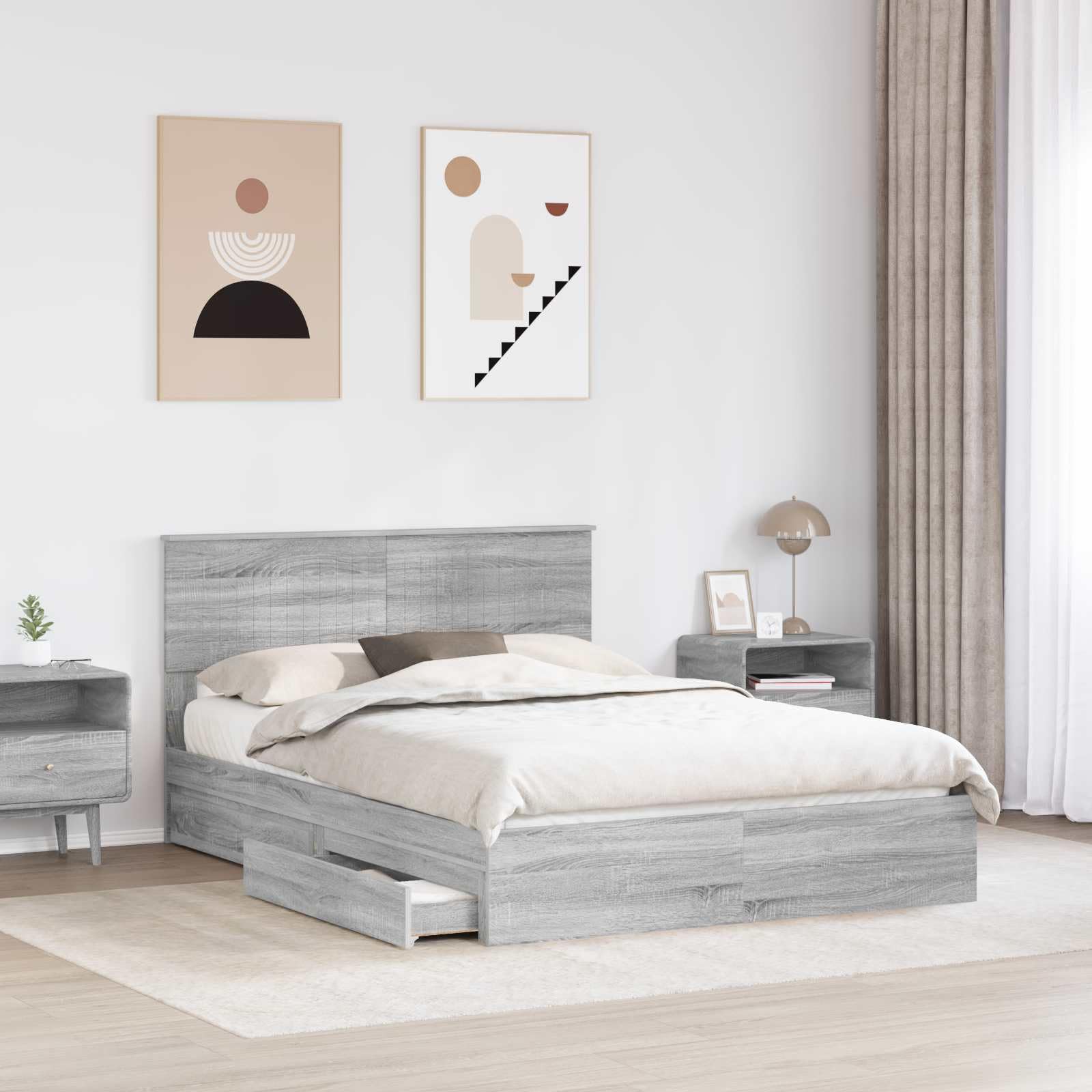 Aufbewahrungsbett Graues Sonoma 140 x 200 cm Holzwerkstoff mit Stauraum, Doppelbett für 2 Personen, modernes Design, einfache Montage, langlebiges Material, platzsparend für Schlafzimmer