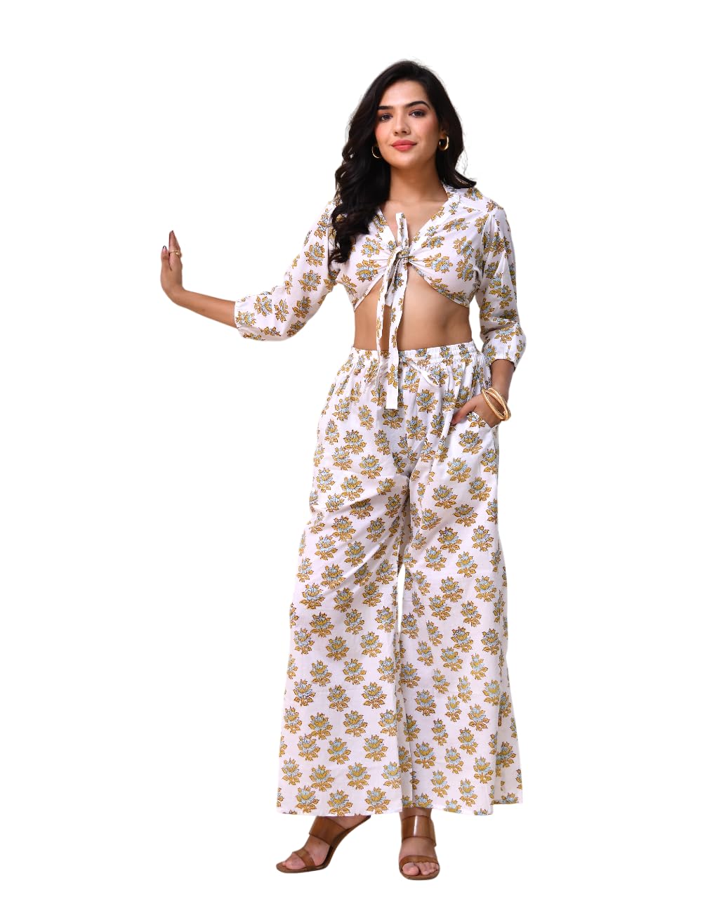 Women’s Cotton Floral Printed Co-ord Set | Crop Top & Flared Plazo Pants | Ethnic Boho Summer Wear | Adjustable Fit with Pockets (IN, Alpha, 4XL)-image-37