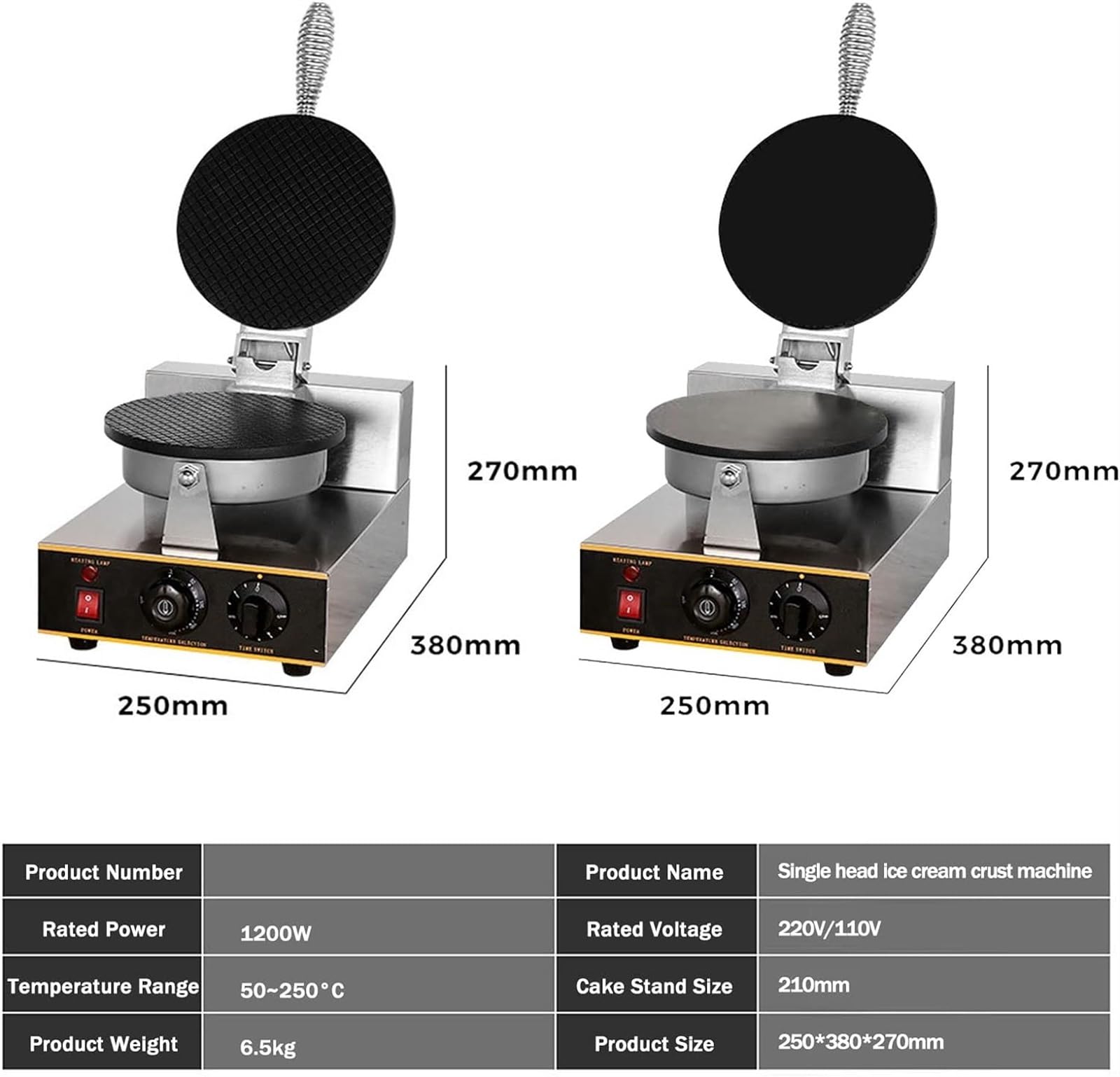 Máquina eléctrica para Hacer Conos de Helado y gofres, Molde Antiadherente para Hornear postres y Bar, Ideal para restaurantes, panaderías y Bares. Diámetro: 210 mm. Estilo 2.,Style2