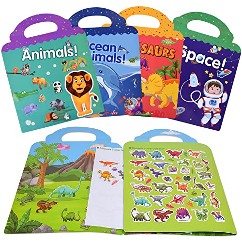 FORMIZON 4 Packs Sticker Books Toys, Reusable Scene Sticker Book, Educational Learning Toys Kids Stickers Books, Dinosaurs Ocean Animals Space Theme Sticker Books for 2-5 Year Old Boys Girls