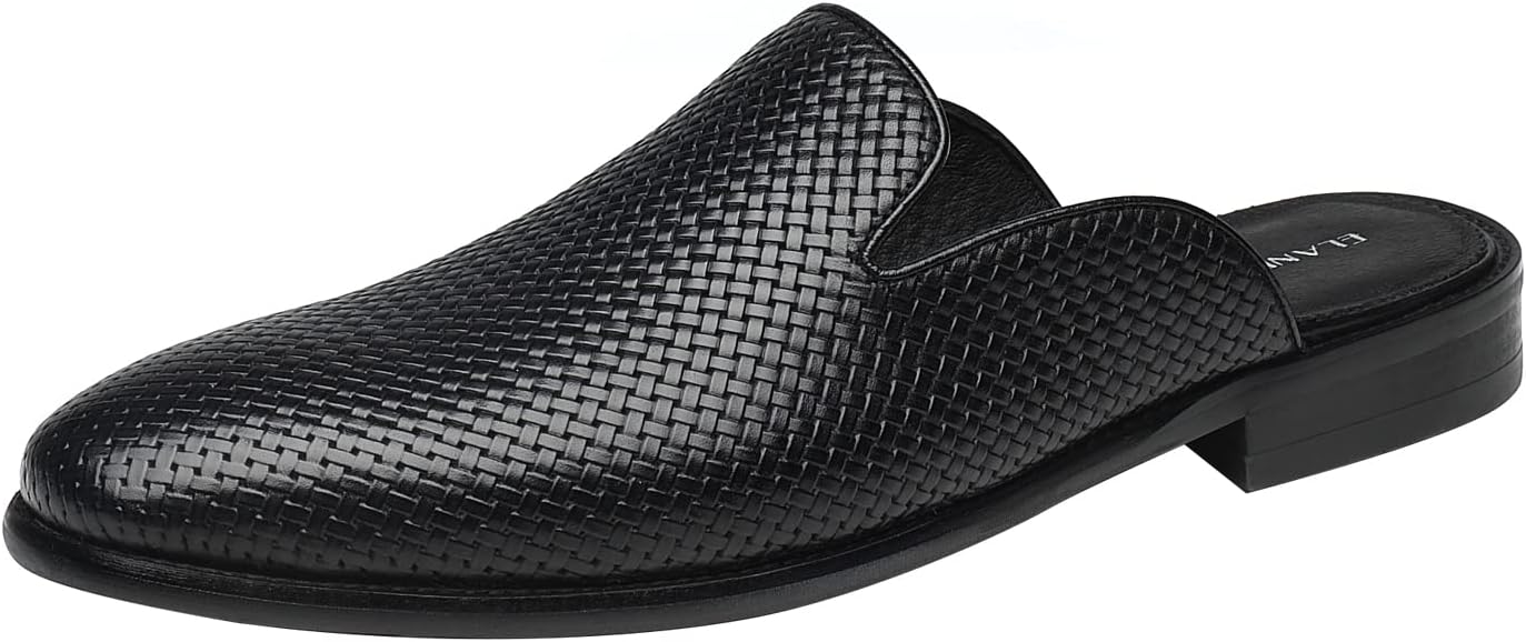 ELANROMAN Men's Backless Loafers Black Genuine Leather Mules Slippers Slip on Shoes