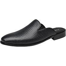 Men's Backless Loafers Black Genuine Leather Mules Slippers Slip on Shoes
