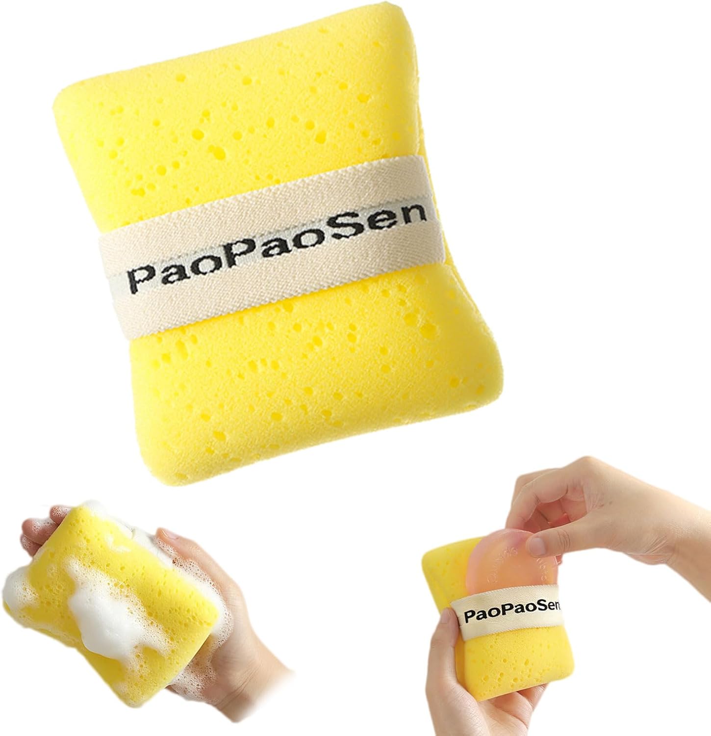 3-in-1 Soap Puff Bath Sponge with Soap Holder - Exfoliating Body Scrubber, Soft Foaming Bath Glove, No-Slip Soap Storage Bag,Sensitive Skin Friendly (Yellow)